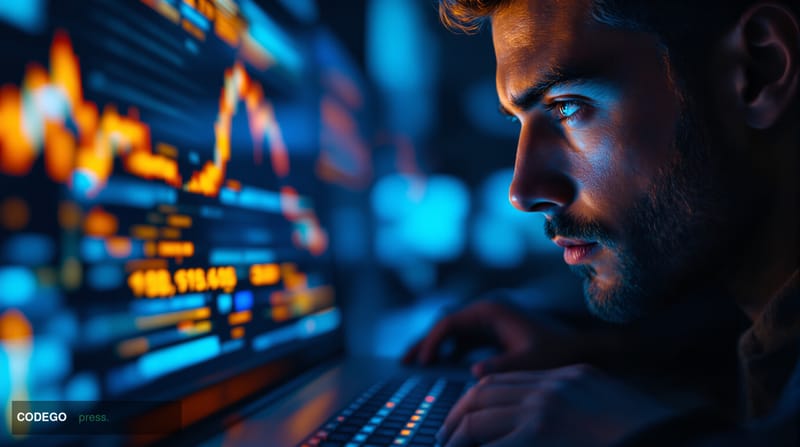 A cinematic editorial photograph showcasing a massive digital asset trading floor with multiple large screens displaying Ethe