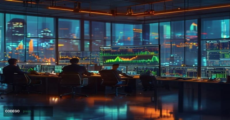 A photorealistic editorial photograph showing a modern cryptocurrency trading floor or fintech office environment with multip