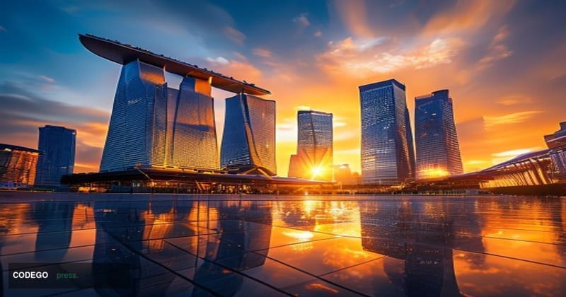 A cinematic editorial photograph showcasing Singapore's bustling Central Business District at golden hour, with the iconic Ma