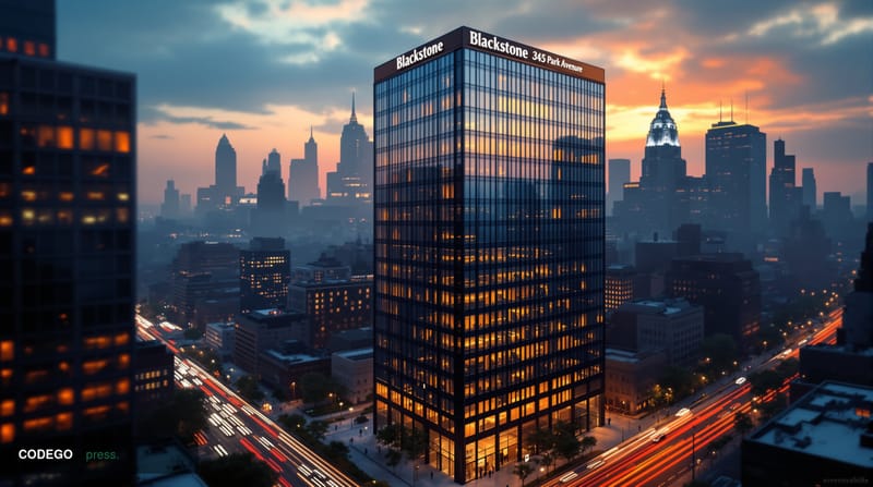 A dramatic aerial view of Blackstone's Manhattan headquarters at 345 Park Avenue, captured during golden hour with deep shado