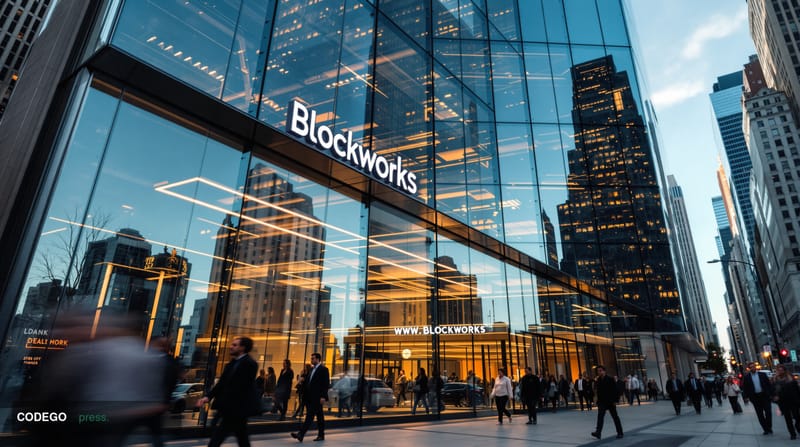 A dramatic wide-angle architectural photograph of a modern glass-walled corporate headquarters in New York's Financial Distri
