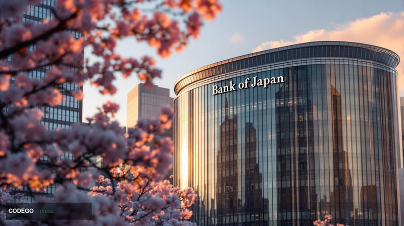 A dramatic cinematic photograph of the Bank of Japan headquarters in Tokyo's Nihonbashi district during golden hour, with the