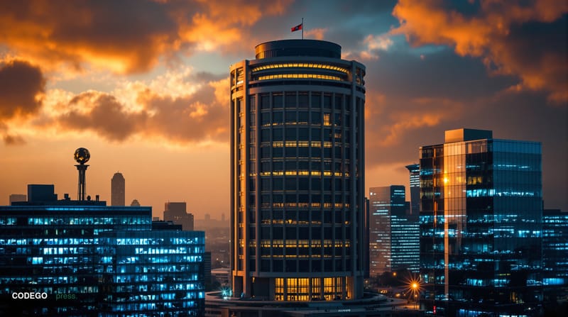 A dramatic aerial photograph of Brazil's Central Bank headquarters in Brasília, captured during golden hour with warm amber l