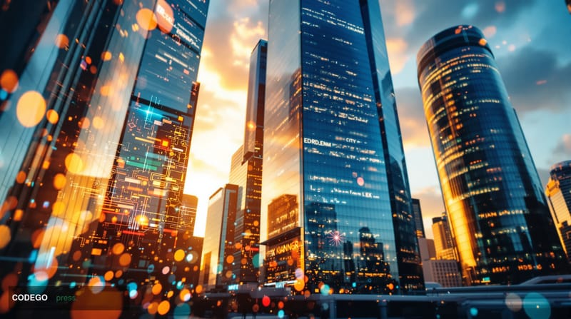 A cinematic editorial photograph showcasing the London financial district at golden hour, with the iconic skyscrapers of Cana