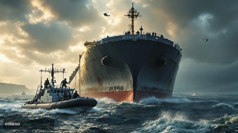 A dramatic photorealistic editorial photograph capturing British naval forces conducting a boarding operation on a large oil 