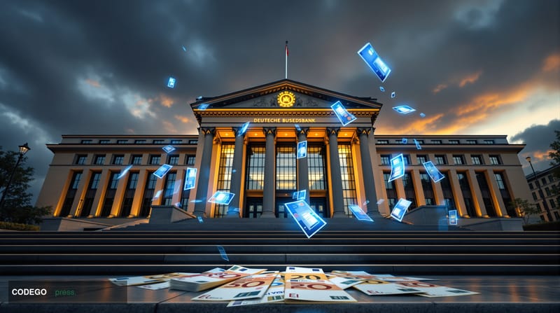 A photorealistic editorial photograph showing the imposing neoclassical facade of the <a href="https://www.bundesbank.de" tar