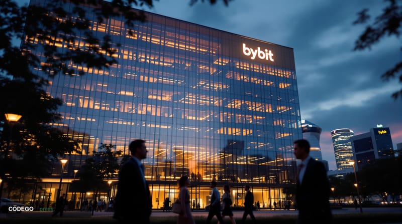 A photorealistic editorial photograph showcasing Bybit's Singapore headquarters building at golden hour, with the company's d