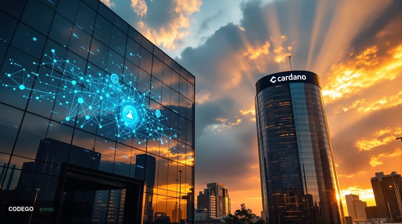 A cinematic editorial photograph showcasing Cardano's institutional infrastructure development amid market challenges. The sc