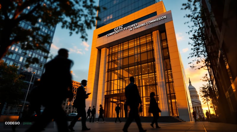 A dramatic editorial photograph of the Commodity Futures Trading Commission headquarters building in Washington DC, captured 