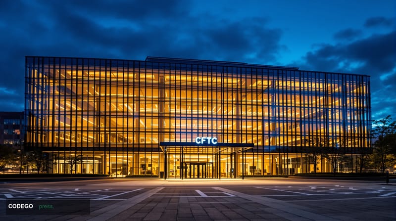 A dramatic wide-angle photograph of the CFTC headquarters building in Washington DC at golden hour, with the distinctive mode