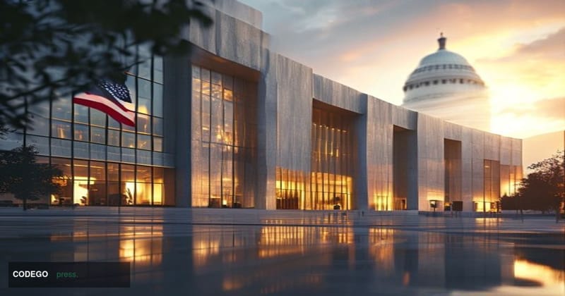 A photorealistic 8K editorial photograph showing the imposing facade of the Commodity Futures Trading Commission headquarters