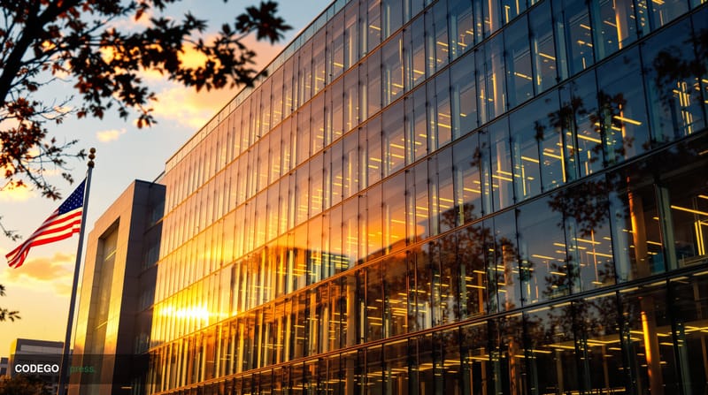A dramatic wide-angle view of the U.S. Commodity Futures Trading Commission headquarters building in Washington D.C., photogr