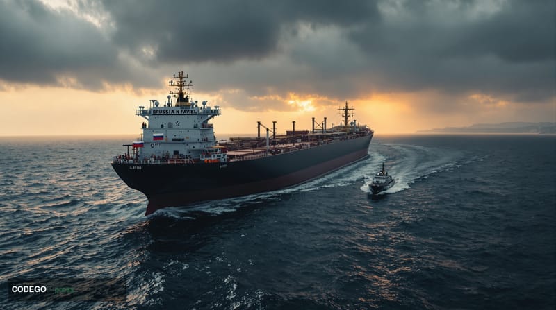 A dramatic photorealistic editorial photograph capturing a British naval vessel intercepting a large oil tanker in the Englis