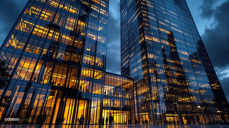 A dramatic photorealistic editorial photograph capturing China's financial regulatory crackdown through the imposing architec