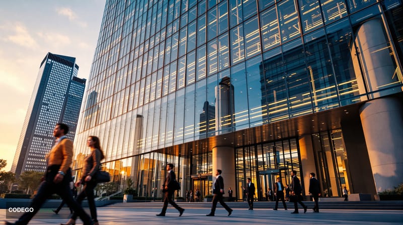 A photorealistic editorial photograph of the China Securities Regulatory Commission headquarters building in Beijing, shot du