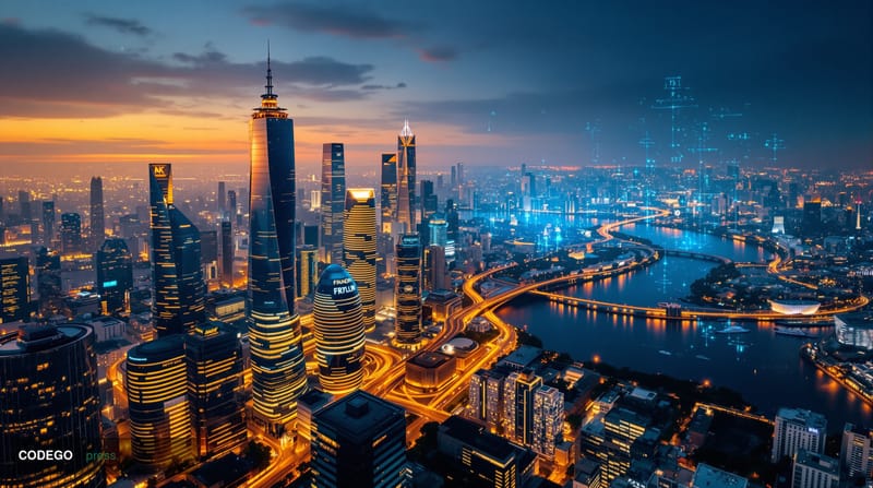 A dramatic aerial view of Shanghai's Lujiazui financial district at twilight, showcasing the iconic Oriental Pearl Tower and 