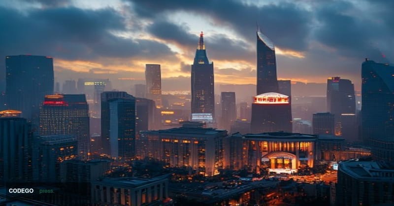 A cinematic editorial photograph capturing China's financial district in Beijing or Shanghai at dusk, with modern skyscrapers