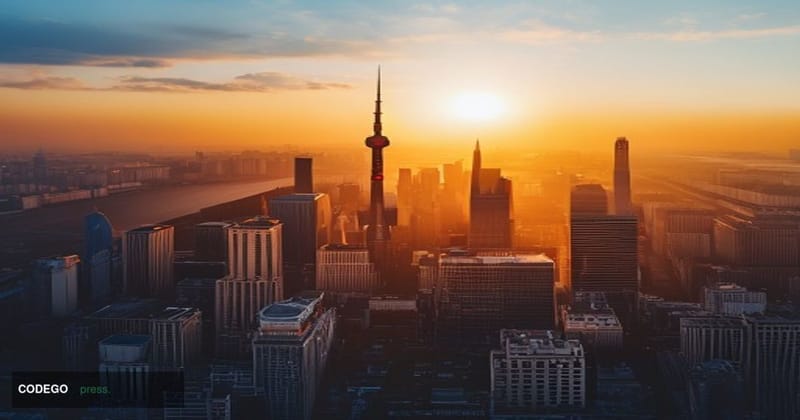 A dramatic aerial view of Beijing's Central Business District at golden hour, showcasing the China World Trade Center and oth