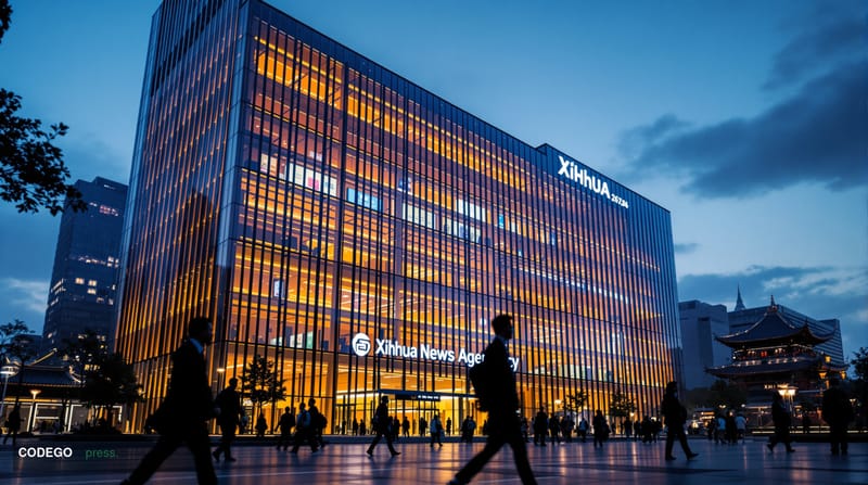 A photorealistic editorial photograph showing the imposing Xinhua News Agency headquarters building in Beijing at dusk, captu