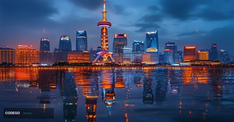 A dramatic photorealistic editorial photograph of Shanghai's Lujiazui financial district at dusk, featuring the iconic skylin