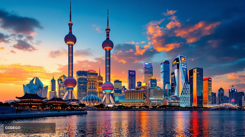 A cinematic editorial photograph of the iconic Shanghai Financial District skyline at golden hour, featuring the distinctive 
