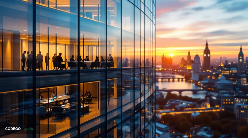 A cinematic editorial photograph showing a modern London financial district office building at golden hour, with warm amber s