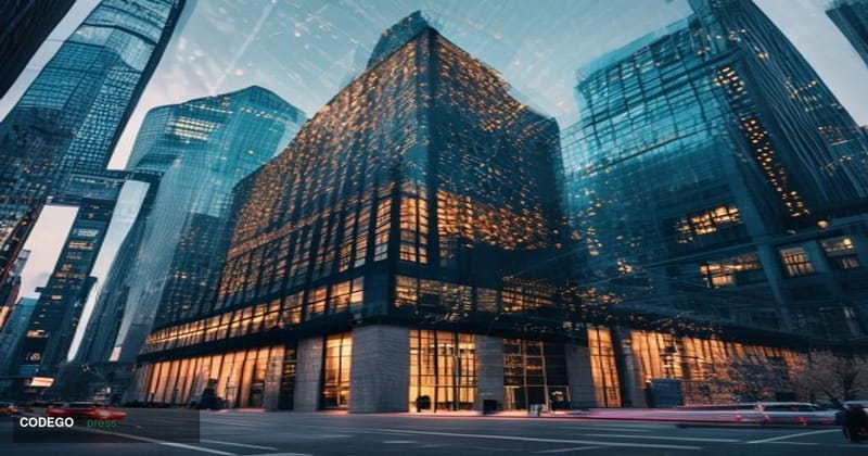 A photorealistic editorial photograph capturing the intersection of traditional Wall Street finance and blockchain technology