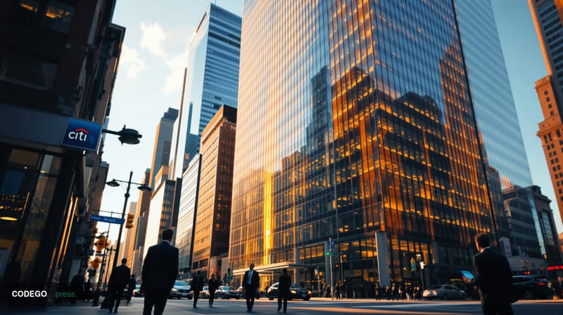 A cinematic editorial photograph showcasing Citi's Manhattan headquarters at 388-390 Greenwich Street, shot from a low angle 