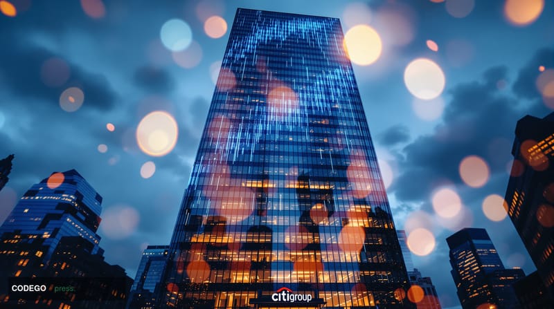 A dramatic editorial photograph showcasing Citigroup's corporate headquarters in Manhattan's financial district, captured fro