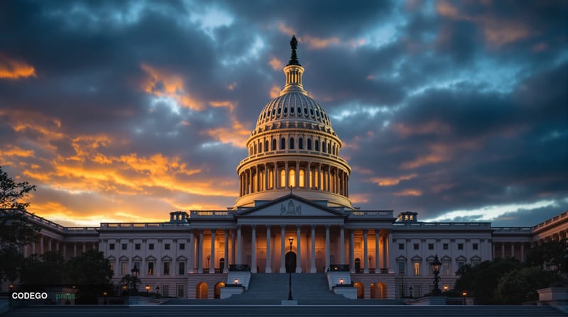 A dramatic wide-angle shot of the United States Capitol building at golden hour, with the iconic dome prominently featured ag