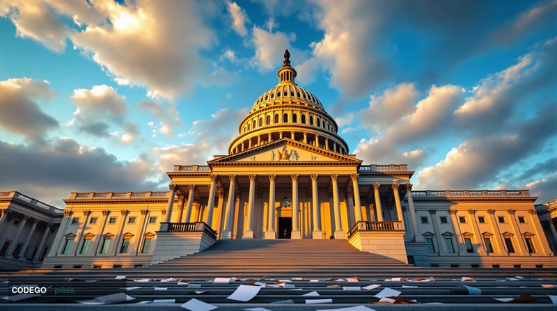 A dramatic wide-angle photograph of the United States Capitol building's Senate chamber entrance at golden hour, captured fro