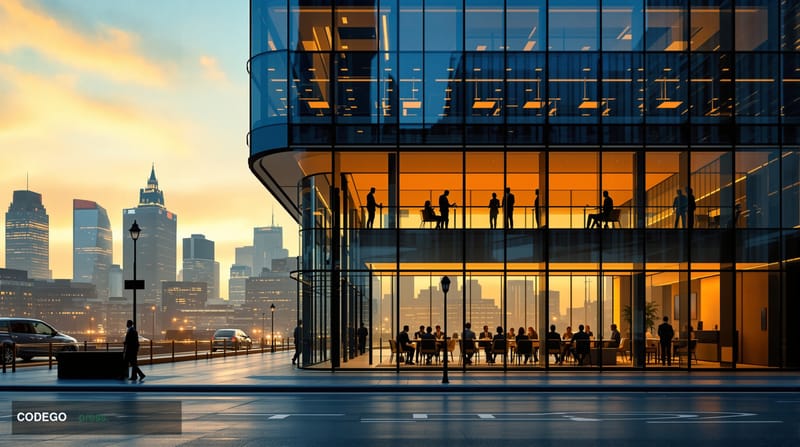 A cinematic editorial photograph showcasing the collaboration between financial institutions in London's financial district. 