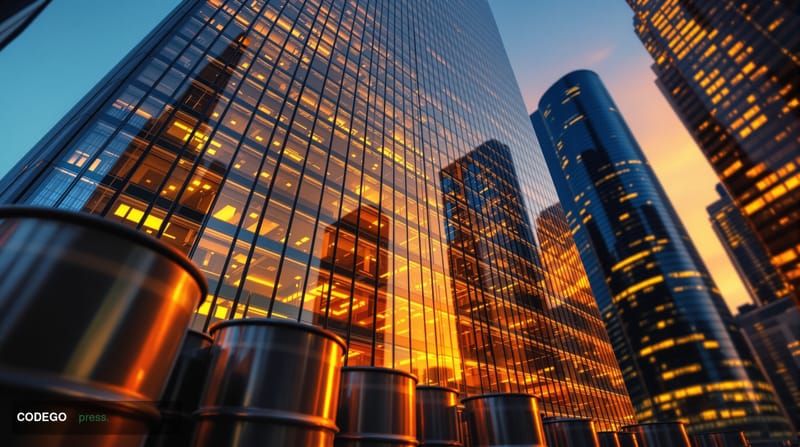 A dramatic editorial photograph capturing the intersection of energy trading and regulatory oversight, shot from a low angle 