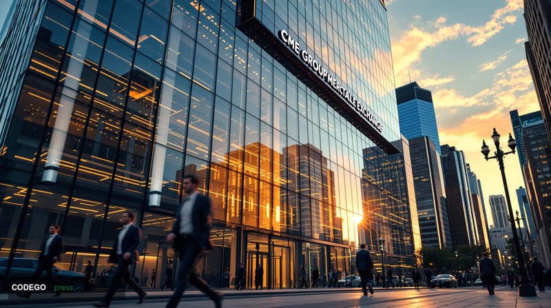 A striking editorial photograph of the Chicago Mercantile Exchange (CME Group) headquarters building in downtown Chicago, cap