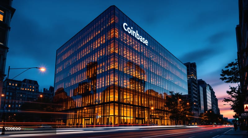 Photorealistic 8K editorial photograph showing Coinbase's modern San Francisco headquarters building exterior with its distin