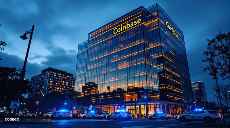 A dramatic photorealistic editorial photograph showing Coinbase's San Francisco headquarters at dusk, with the distinctive gl