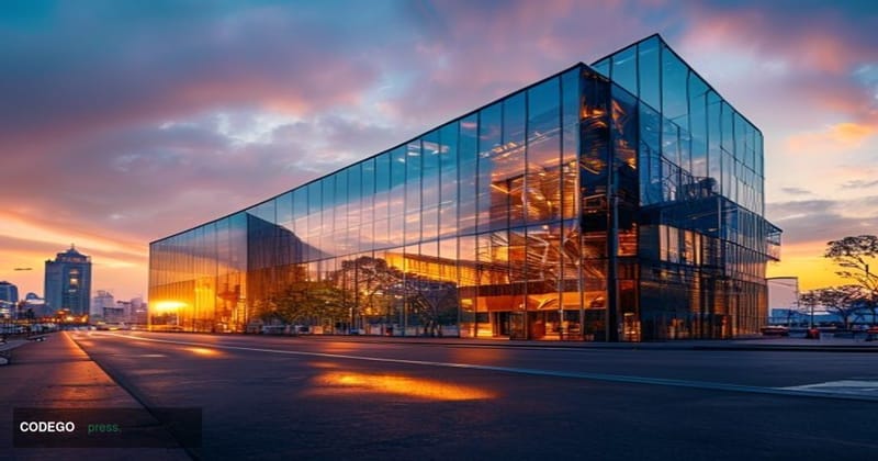 A cinematic editorial photograph capturing Coinbase's entry into the Indian market through a dramatic architectural compositi
