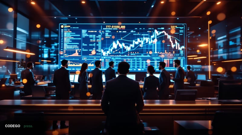 A cinematic editorial photograph showcasing Coinbase's San Francisco headquarters building with its distinctive modern glass 