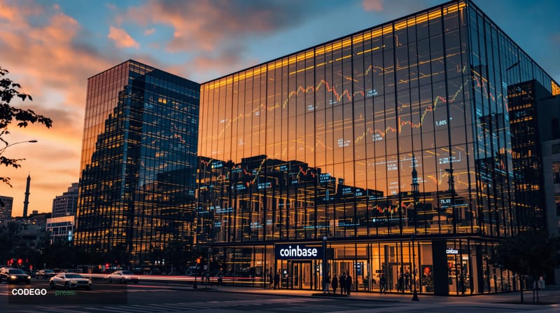 A cinematic editorial photograph of Coinbase's distinctive glass and steel headquarters building in San Francisco's South Bea