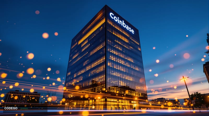 A striking editorial photograph of Coinbase's San Francisco headquarters building at dusk, shot from a low angle to emphasize