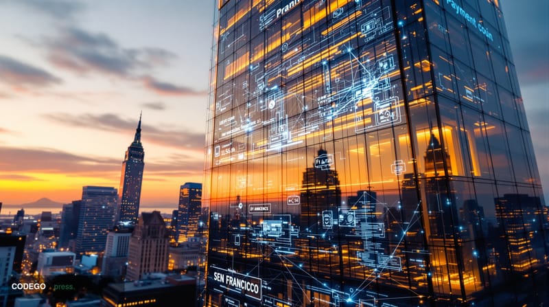 A cinematic editorial photograph showcasing Coinbase's San Francisco headquarters at 100 Pine Street, shot from a low angle t
