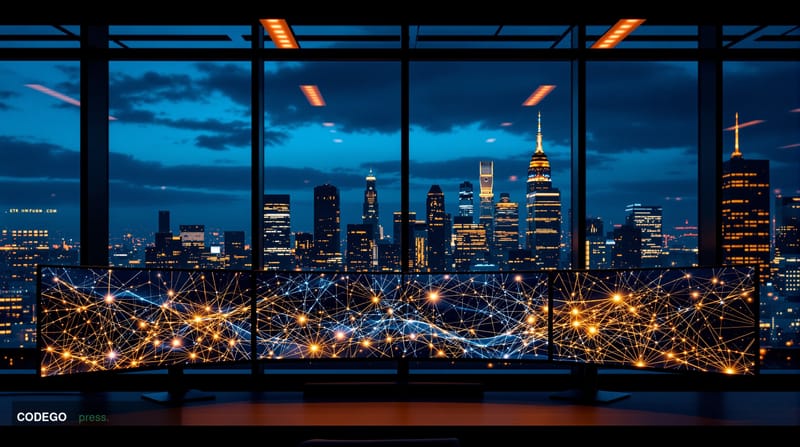 A cinematic editorial photograph showcasing the intersection of artificial intelligence and blockchain technology in a modern