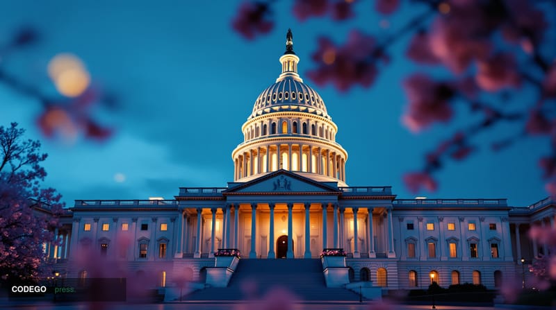 Photorealistic 8K editorial photograph of the U.S. Capitol building's iconic dome and neoclassical architecture shot from a l