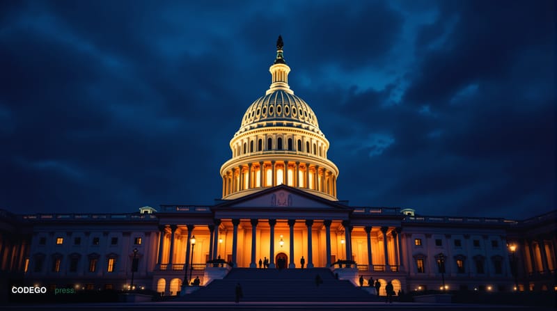 A dramatic photorealistic editorial photograph capturing the historic nature of cryptocurrency regulation coming to Congress.