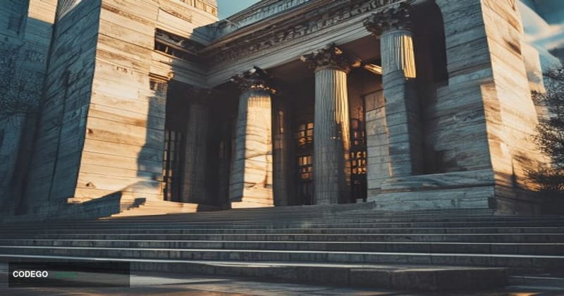 A cinematic editorial photograph showing the imposing neoclassical facade of the US Department of Labor headquarters building