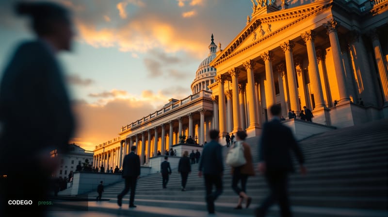 Photorealistic 8K editorial photograph of the United States Capitol building's iconic dome and facade during golden hour, wit
