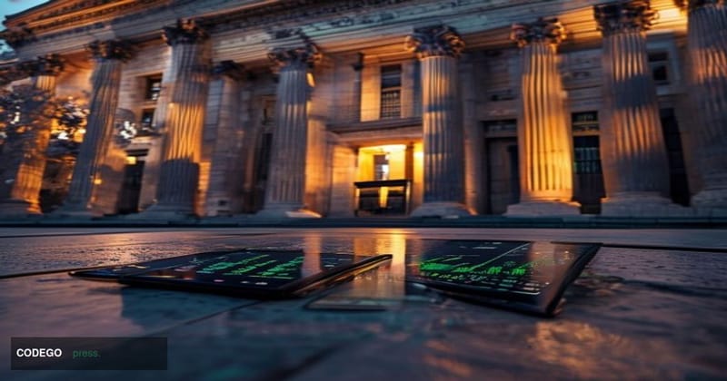 A cinematic editorial photograph of a modern U.S. federal courthouse exterior at golden hour, with dramatic warm lighting cas