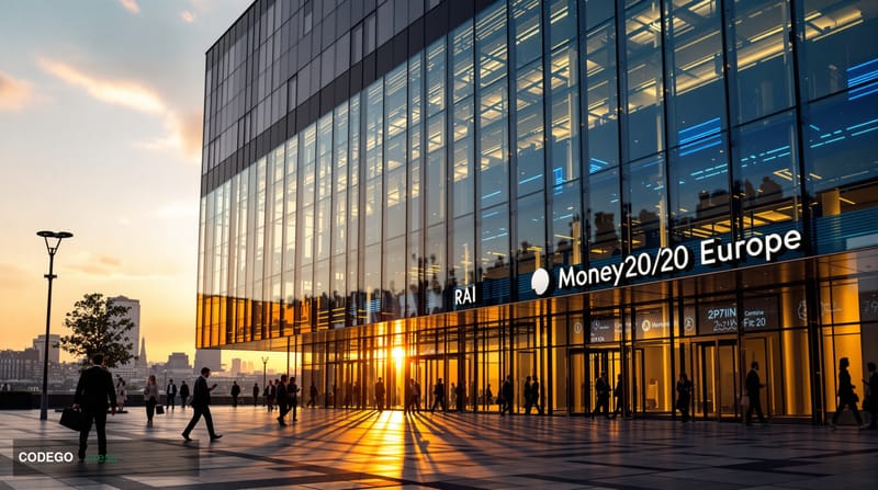 A sophisticated editorial photograph capturing the RAI Amsterdam convention center's distinctive modern architecture during t