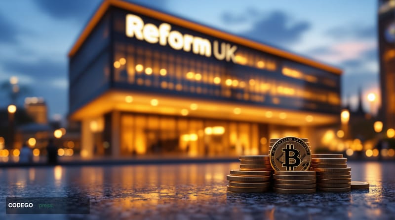 A dramatic exterior shot of Reform UK's headquarters building in London, captured during the golden hour with warm amber ligh