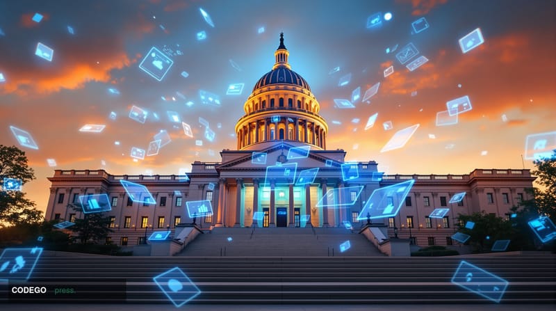 A dramatic wide-angle shot of the United States Capitol building at golden hour, with warm amber lighting casting long shadow